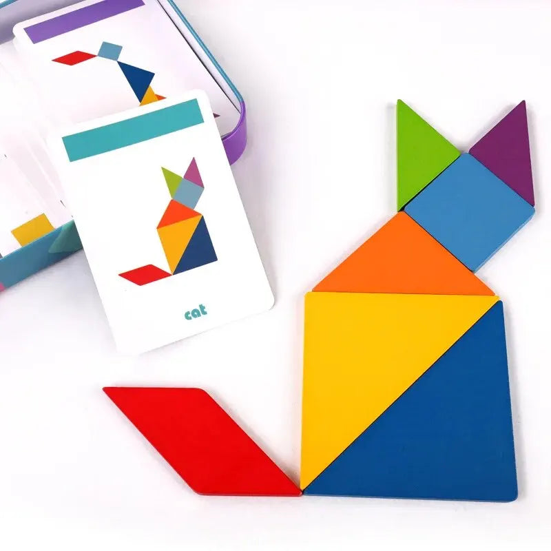 Wooden Tangram Puzzle for Children – Educational Toy with Storage Box