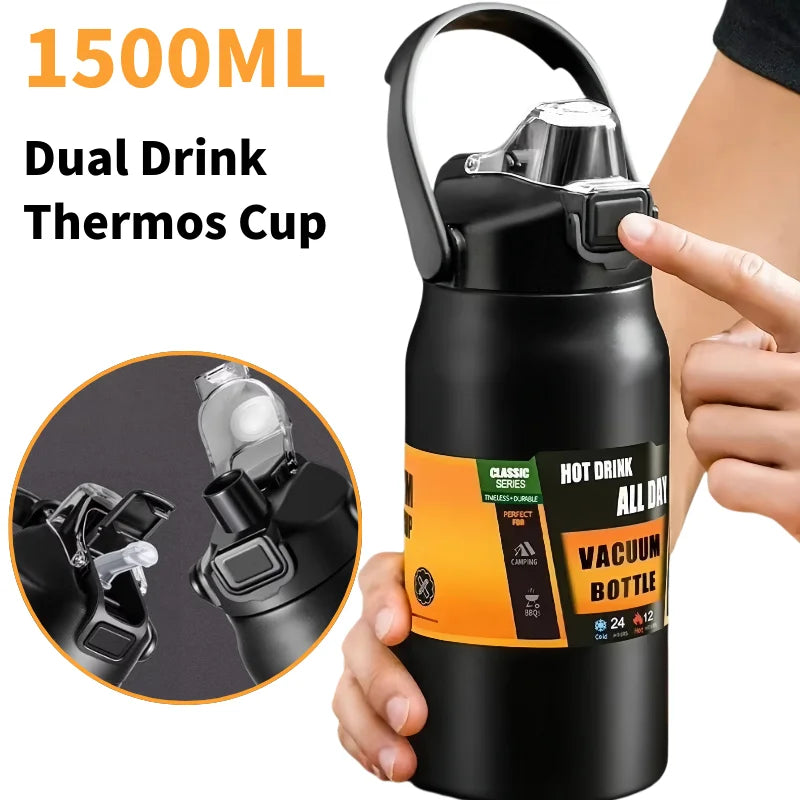 1500ML Stainless Steel Thermal Bottle 🔥 | Hot & Cold Sports Water Tumbler with Straw